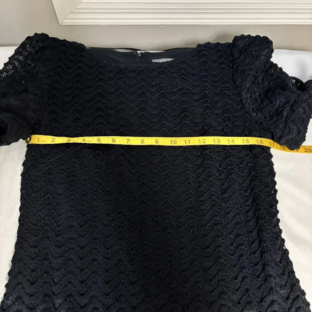 Navy/Black Lace Short Sleeve Dress By Sharagano With Bow Accents - Picture 7 of 9